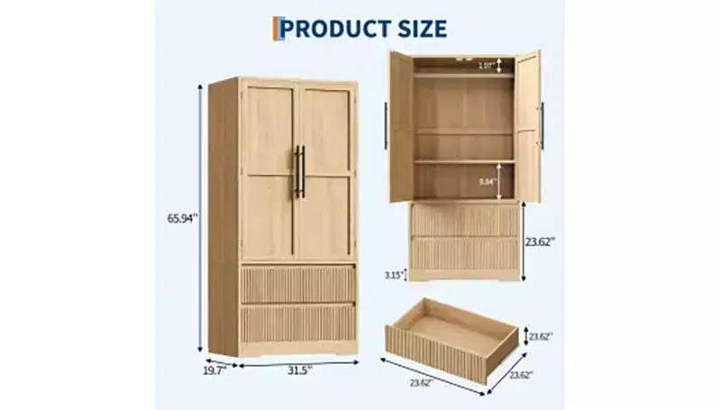 Acekool Armoire penderie en bois, armoire autonome à 2 portes avec tiroirs, étagères et tringle de suspension pour chambre à coucher