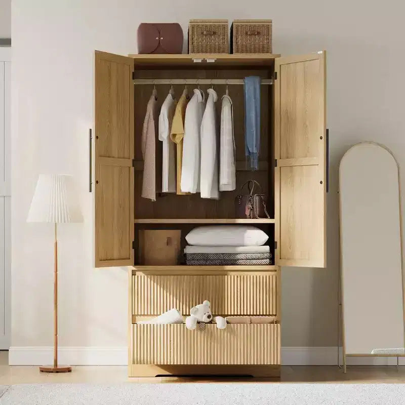 Acekool Armoire penderie en bois, armoire autonome à 2 portes avec tiroirs, étagères et tringle de suspension pour chambre à coucher