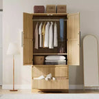 Acekool Armoire penderie en bois, armoire autonome à 2 portes avec tiroirs, étagères et tringle de suspension pour chambre à coucher