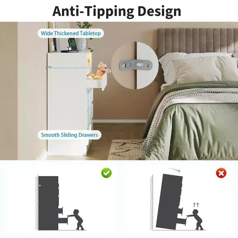 Commode à 4 tiroirs avec station de charge et lumières LED, commode moderne avec prise de courant