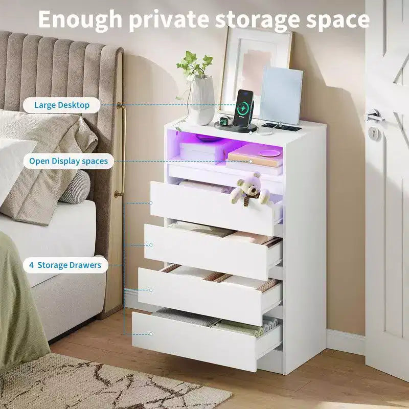 Commode à 4 tiroirs avec station de charge et lumières LED, commode moderne avec prise de courant
