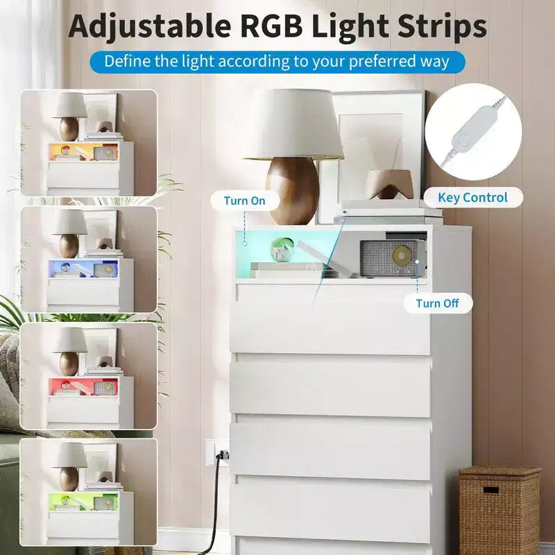 Commode à 4 tiroirs avec station de charge et lumières LED, commode moderne avec prise de courant