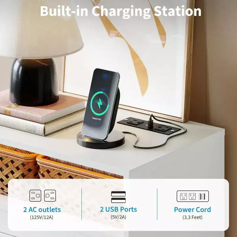 Commode à 4 tiroirs avec station de charge et lumières LED, commode moderne avec prise de courant