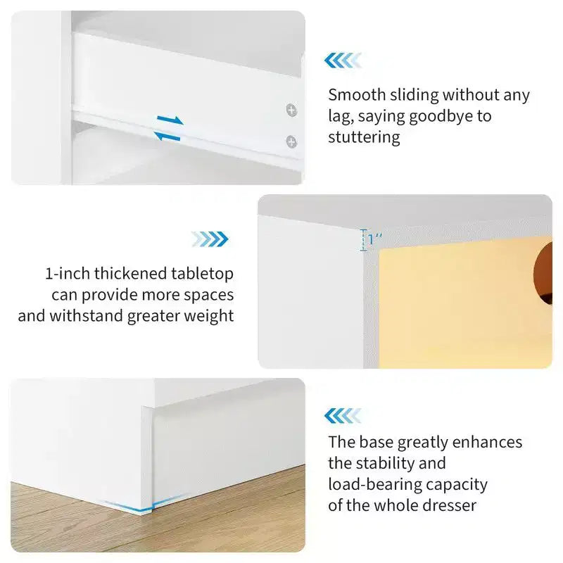 Commode à 4 tiroirs avec station de charge et lumières LED, commode moderne avec prise de courant