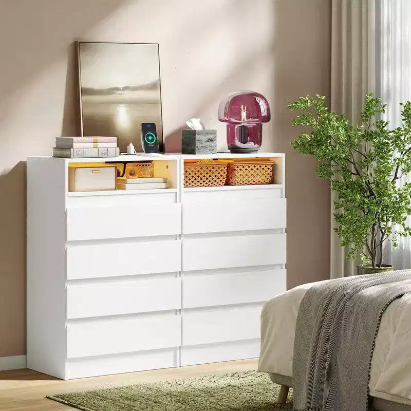 Commode à 4 tiroirs avec station de charge et lumières LED, commode moderne avec prise de courant