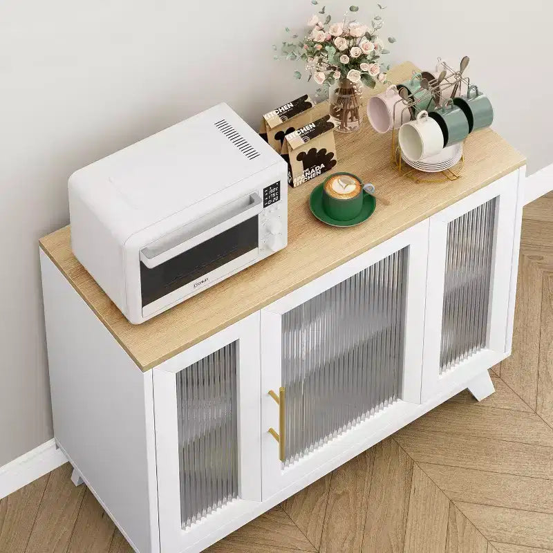Buffet de salle à manger, buffet de rangement de 91 cm avec étagères réglables et porte en verre cannelé, bar à café moderne, table pour la cuisine, la salle à manger