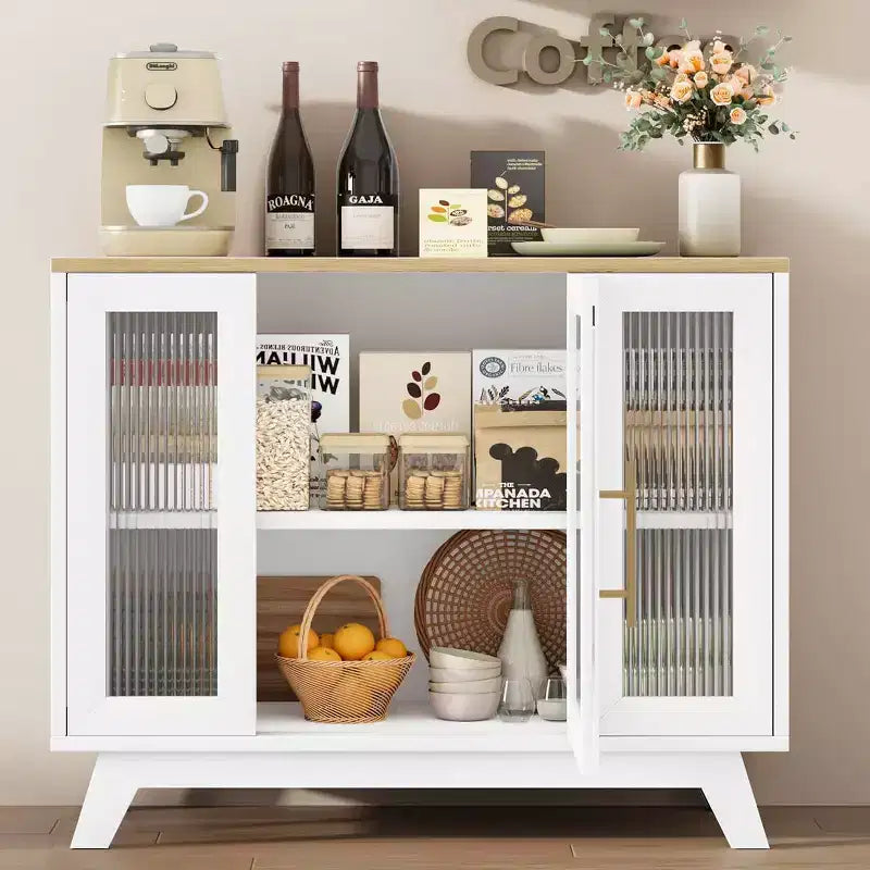 Buffet de salle à manger, buffet de rangement de 91 cm avec étagères réglables et porte en verre cannelé, bar à café moderne, table pour la cuisine, la salle à manger