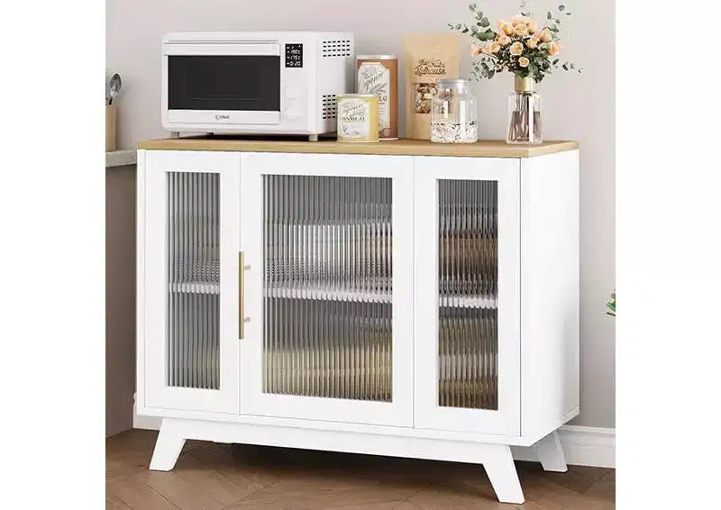 Buffet Cabinet, 36 Sideboard Buffet Storage Cabinet with Adjustable Shelves and Fluted Glass Door, Modern Coffee Bar, Table for Kitchen, Dining Room
