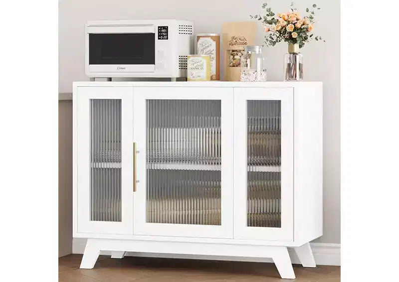 Buffet de salle à manger, buffet de rangement de 91 cm avec étagères réglables et porte en verre cannelé, bar à café moderne, table pour la cuisine, la salle à manger