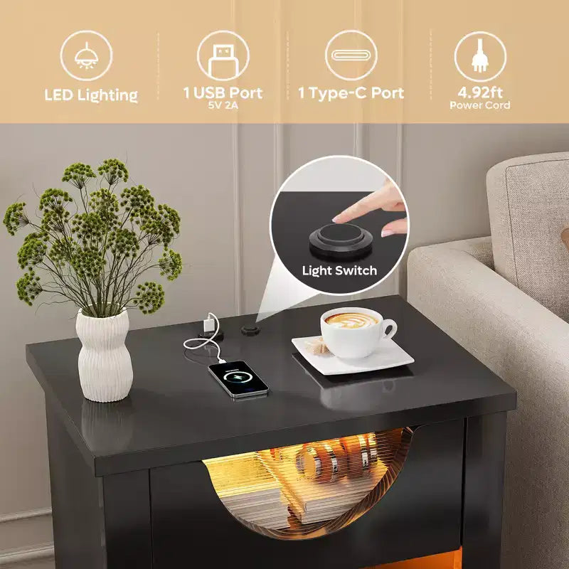 Bestier – Lot de 2 tables de chevet avec station de recharge, tables d'appoint LED modernes avec tiroir pour chambre à coucher et salon