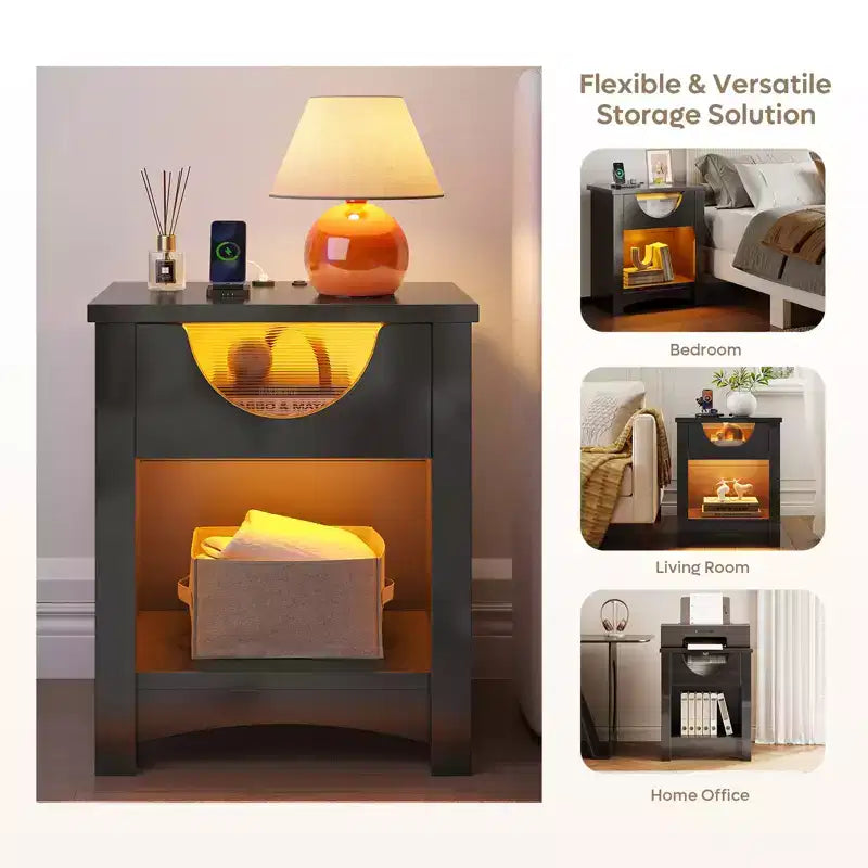 Bestier – Lot de 2 tables de chevet avec station de recharge, tables d'appoint LED modernes avec tiroir pour chambre à coucher et salon