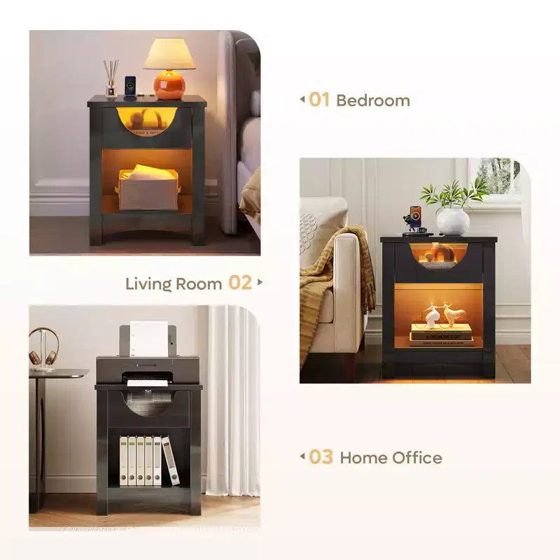 Bestier – Lot de 2 tables de chevet avec station de recharge, tables d'appoint LED modernes avec tiroir pour chambre à coucher et salon