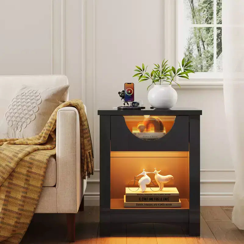Bestier – Lot de 2 tables de chevet avec station de recharge, tables d'appoint LED modernes avec tiroir pour chambre à coucher et salon