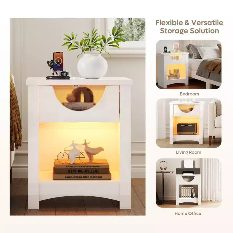 Bestier – Lot de 2 tables de chevet avec station de recharge, tables d'appoint LED modernes avec tiroir pour chambre à coucher et salon