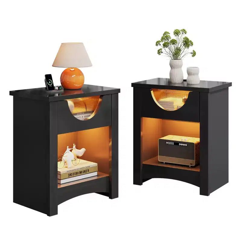 Bestier – Lot de 2 tables de chevet avec station de recharge, tables d'appoint LED modernes avec tiroir pour chambre à coucher et salon