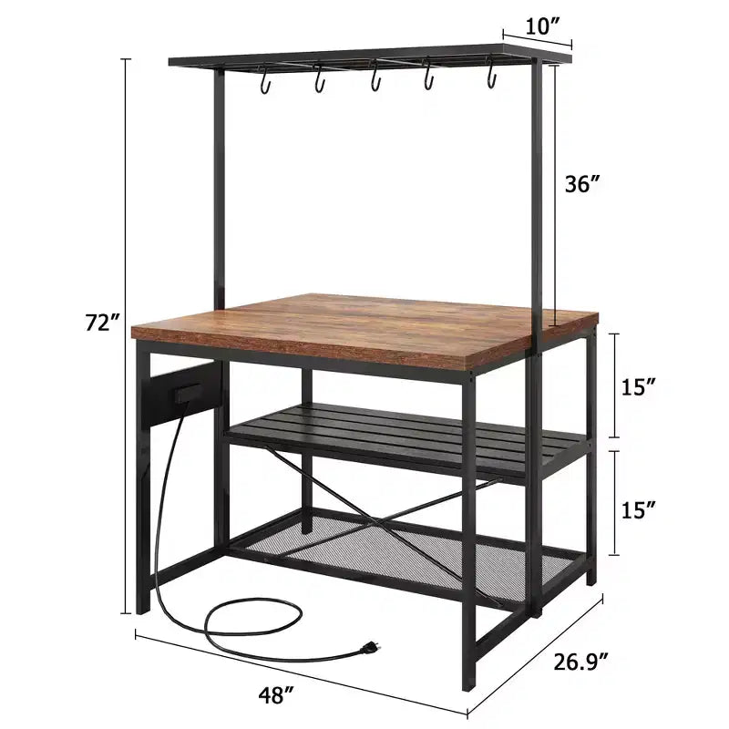Îlot de cuisine mobile 42 po avec 3 étagères, support pour micro-ondes et 5 crochets, capacité de 181 kg