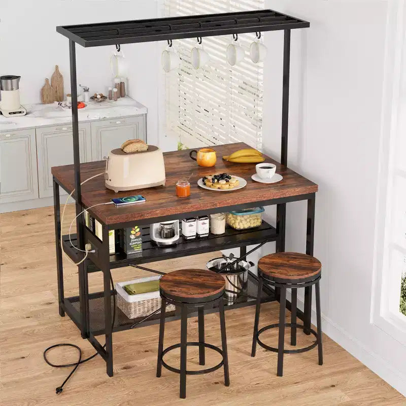 Îlot de cuisine mobile 42 po avec 3 étagères, support pour micro-ondes et 5 crochets, capacité de 181 kg
