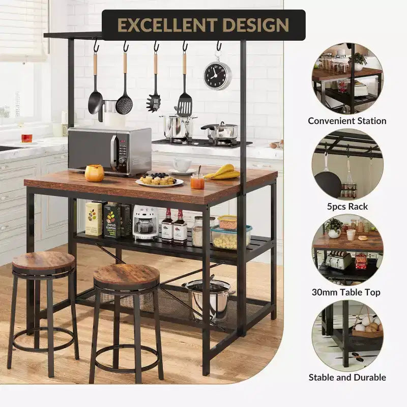 Îlot de cuisine mobile 42 po avec 3 étagères, support pour micro-ondes et 5 crochets, capacité de 181 kg