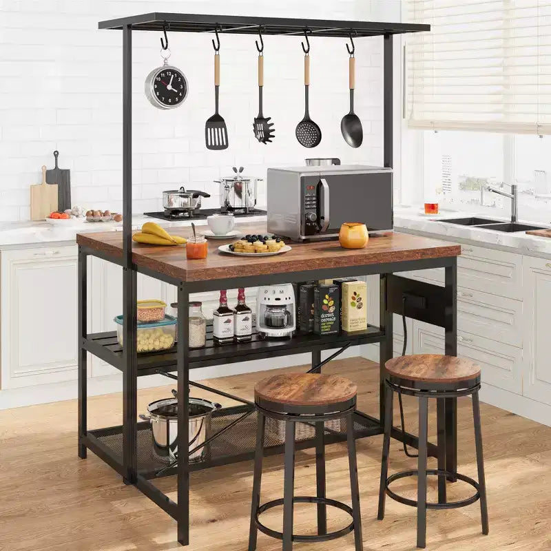 Îlot de cuisine mobile 42 po avec 3 étagères, support pour micro-ondes et 5 crochets, capacité de 181 kg