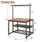 Îlot de cuisine mobile 42 po avec 3 étagères, support pour micro-ondes et 5 crochets, capacité de 181 kg