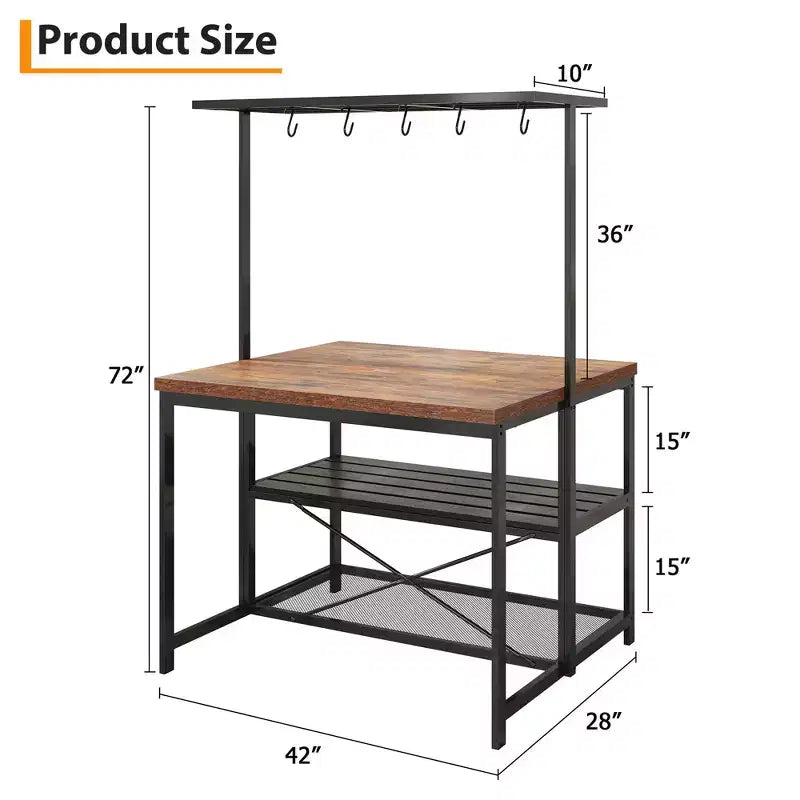 Îlot de cuisine mobile 42 po avec 3 étagères, support pour micro-ondes et 5 crochets, capacité de 181 kg