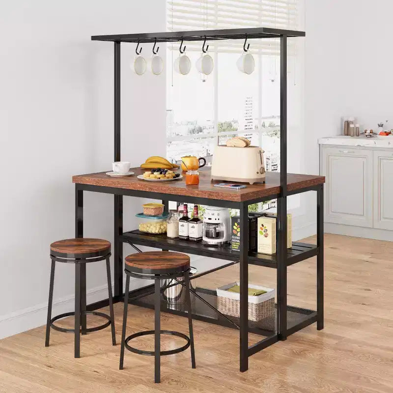 Îlot de cuisine mobile 42 po avec 3 étagères, support pour micro-ondes et 5 crochets, capacité de 181 kg