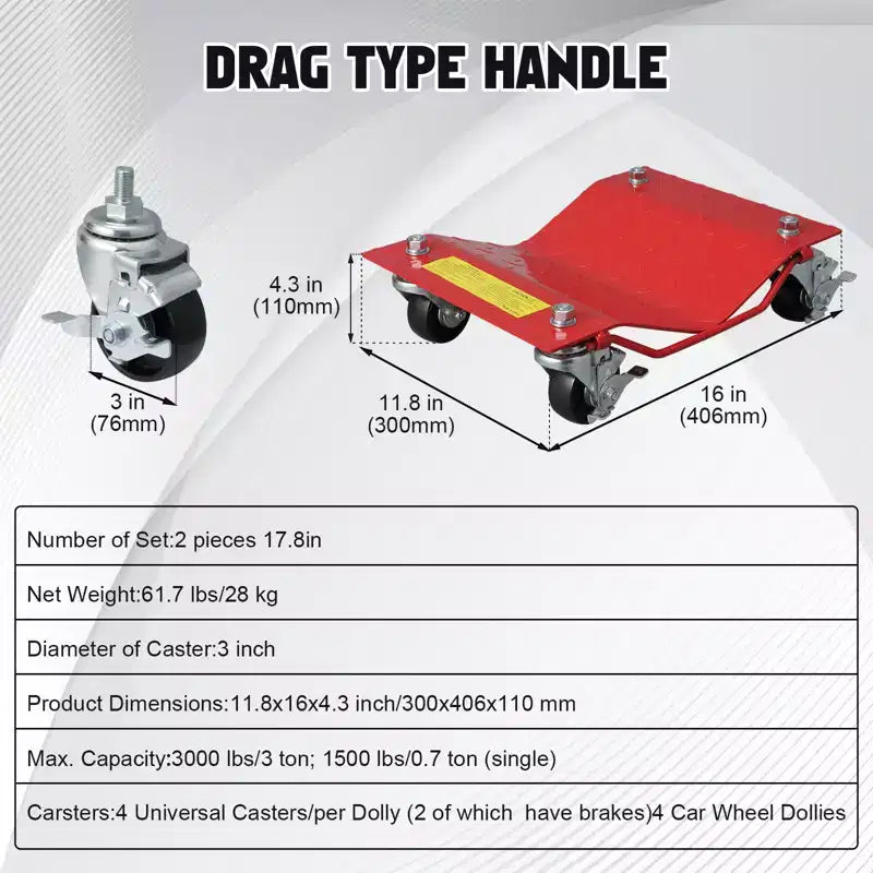 Diable à roulettes pour voiture, ensemble de 4 diables robustes de 2721 kg pour le déplacement de véhicules, compatibilité avec des pneus de 30,5 cm de largeur