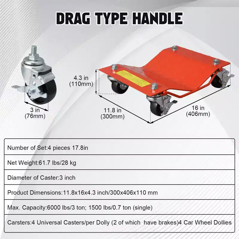 Diable à roulettes pour voiture, ensemble de 4 diables robustes de 2721 kg pour le déplacement de véhicules, compatibilité avec des pneus de 30,5 cm de largeur