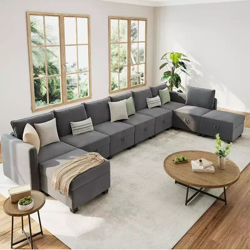 Acekool 137 Inch Modular Sleeper Sectional Sofa Bed, 9-Seat U/V-Shaped Velvet Sectional with Storage Ottomans, Removable Covers, Dark Grey