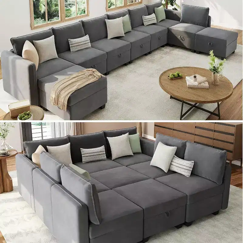 Canapé-lit modulaire Acekool 137 pouces, sectionnel en velours en U/V à 9 places avec poufs de rangement, housses amovibles, gris foncé