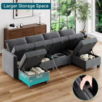 Canapé-lit modulaire Acekool 137 pouces, sectionnel en velours en U/V à 9 places avec poufs de rangement, housses amovibles, gris foncé