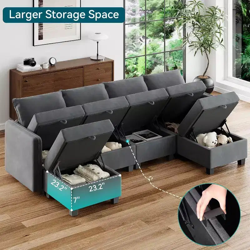 Canapé-lit modulaire Acekool 137 pouces, sectionnel en velours en U/V à 9 places avec poufs de rangement, housses amovibles, gris foncé