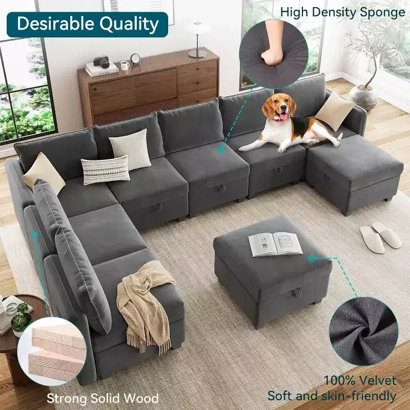 Canapé-lit modulaire Acekool 137 pouces, sectionnel en velours en U/V à 9 places avec poufs de rangement, housses amovibles, gris foncé