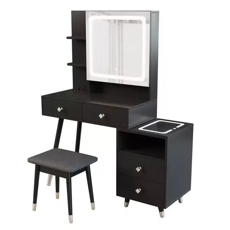 Ensemble coiffeuse en panneaux de particules de lin noir plaqués de tricot tricoté avec pieds en bois massif aminé