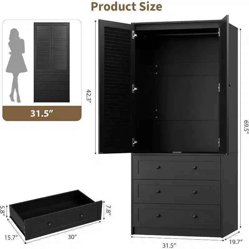 Armoire Penderie avec Tiroirs, Meuble de Rangement en Bois de 69,5 po avec Tringle, Armoire à Vêtements 2 Portes pour Chambre à Coucher, Porte à Persiennes