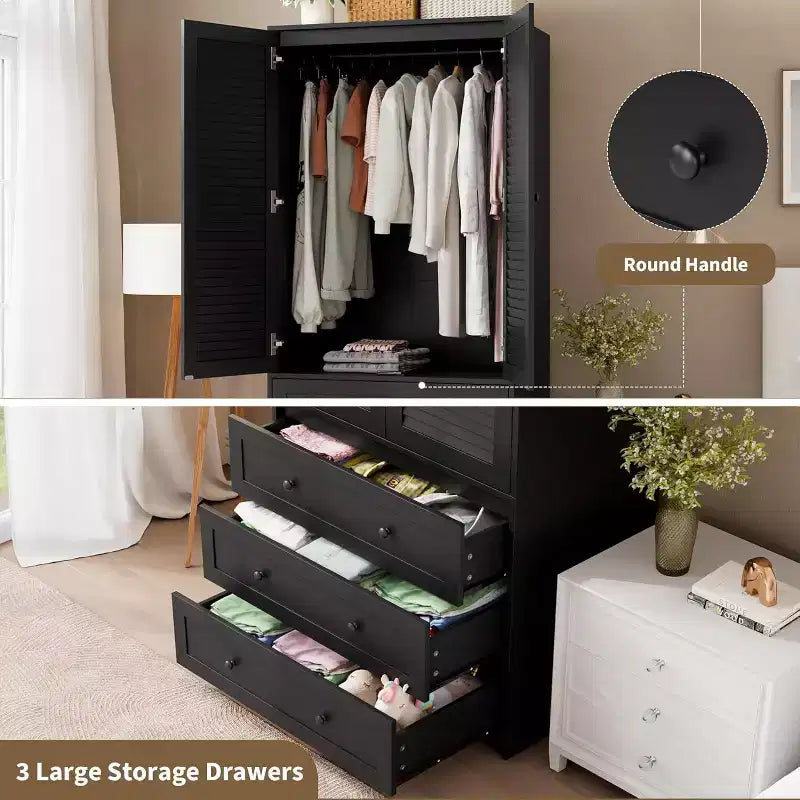 Armoire Penderie avec Tiroirs, Meuble de Rangement en Bois de 69,5 po avec Tringle, Armoire à Vêtements 2 Portes pour Chambre à Coucher, Porte à Persiennes