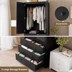 Armoire Penderie avec Tiroirs, Meuble de Rangement en Bois de 69,5 po avec Tringle, Armoire à Vêtements 2 Portes pour Chambre à Coucher, Porte à Persiennes