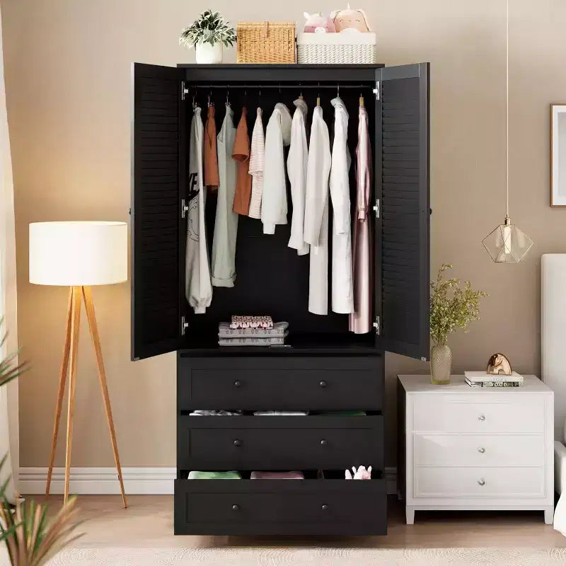 Armoire Penderie avec Tiroirs, Meuble de Rangement en Bois de 69,5 po avec Tringle, Armoire à Vêtements 2 Portes pour Chambre à Coucher, Porte à Persiennes
