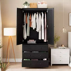 Armoire Penderie avec Tiroirs, Meuble de Rangement en Bois de 69,5 po avec Tringle, Armoire à Vêtements 2 Portes pour Chambre à Coucher, Porte à Persiennes
