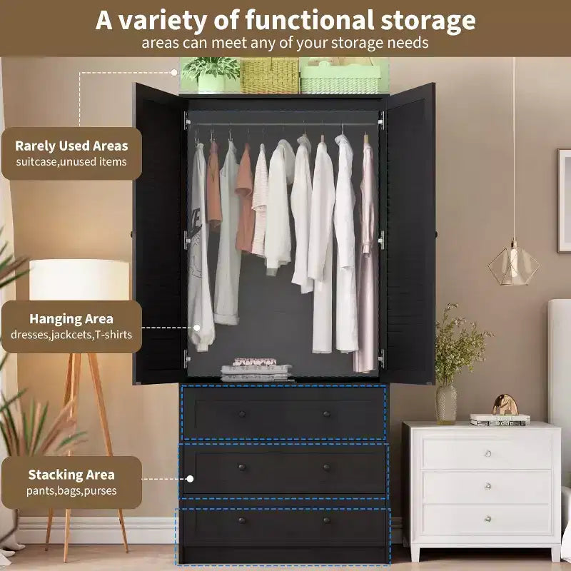 Armoire Penderie avec Tiroirs, Meuble de Rangement en Bois de 69,5 po avec Tringle, Armoire à Vêtements 2 Portes pour Chambre à Coucher, Porte à Persiennes