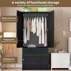 Armoire Penderie avec Tiroirs, Meuble de Rangement en Bois de 69,5 po avec Tringle, Armoire à Vêtements 2 Portes pour Chambre à Coucher, Porte à Persiennes