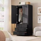 Armoire Penderie avec Tiroirs, Meuble de Rangement en Bois de 69,5 po avec Tringle, Armoire à Vêtements 2 Portes pour Chambre à Coucher, Porte à Persiennes