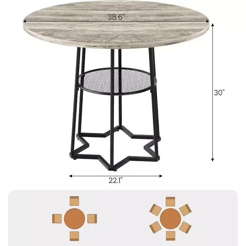 Table à manger ronde Acekool 38,6, piètement métallique hexagonal, filet de rangement dissimulé, 4 places, style moderne, assemblage facile,