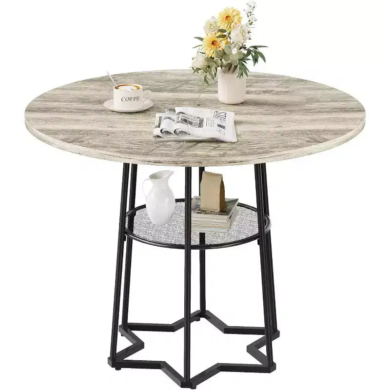 Table à manger ronde Acekool 38,6, piètement métallique hexagonal, filet de rangement dissimulé, 4 places, style moderne, assemblage facile,