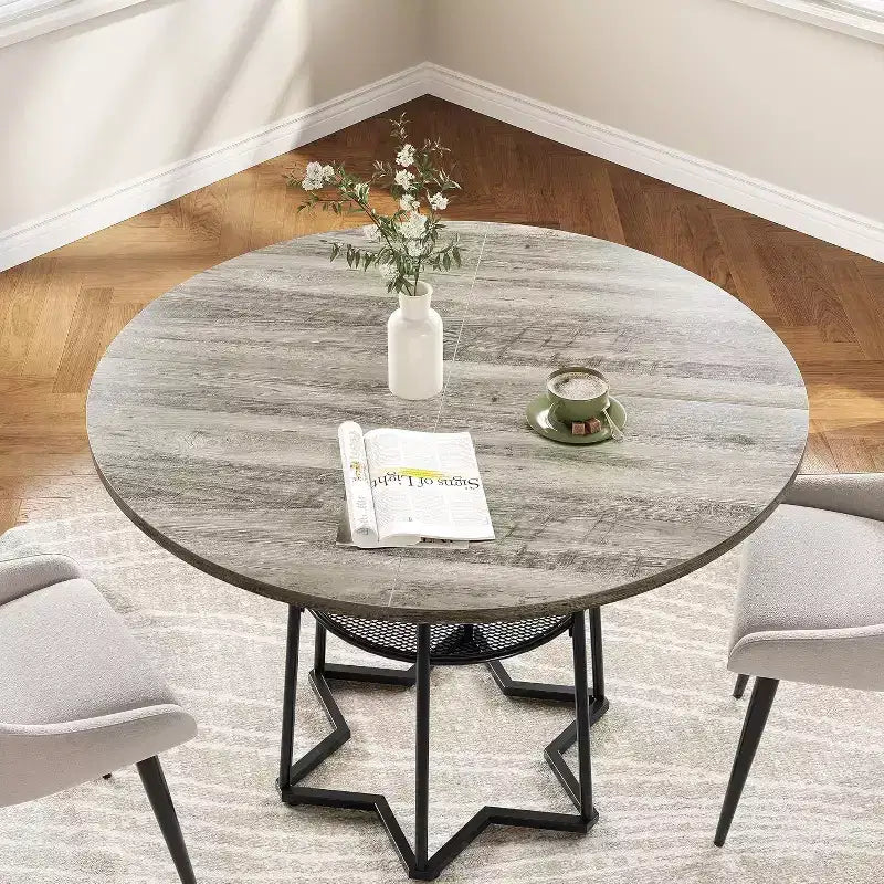 Table à manger ronde Acekool 38,6, piètement métallique hexagonal, filet de rangement dissimulé, 4 places, style moderne, assemblage facile,