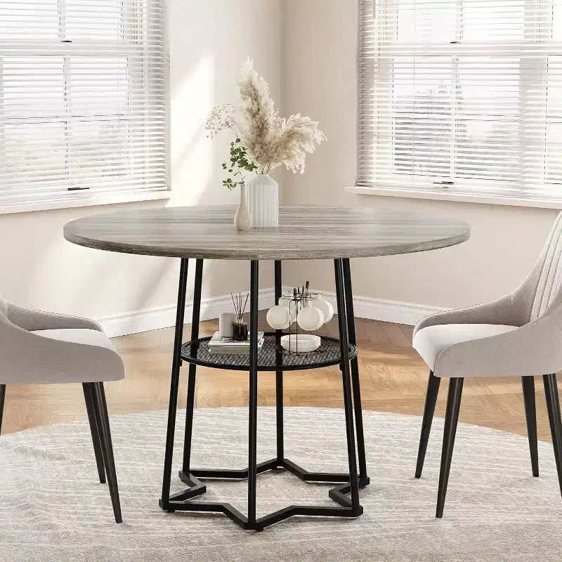 Table à manger ronde Acekool 38,6, piètement métallique hexagonal, filet de rangement dissimulé, 4 places, style moderne, assemblage facile,