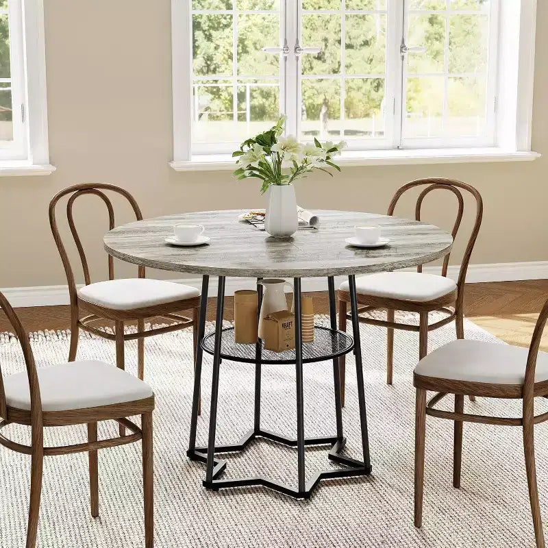 Table à manger ronde Acekool 38,6, piètement métallique hexagonal, filet de rangement dissimulé, 4 places, style moderne, assemblage facile,