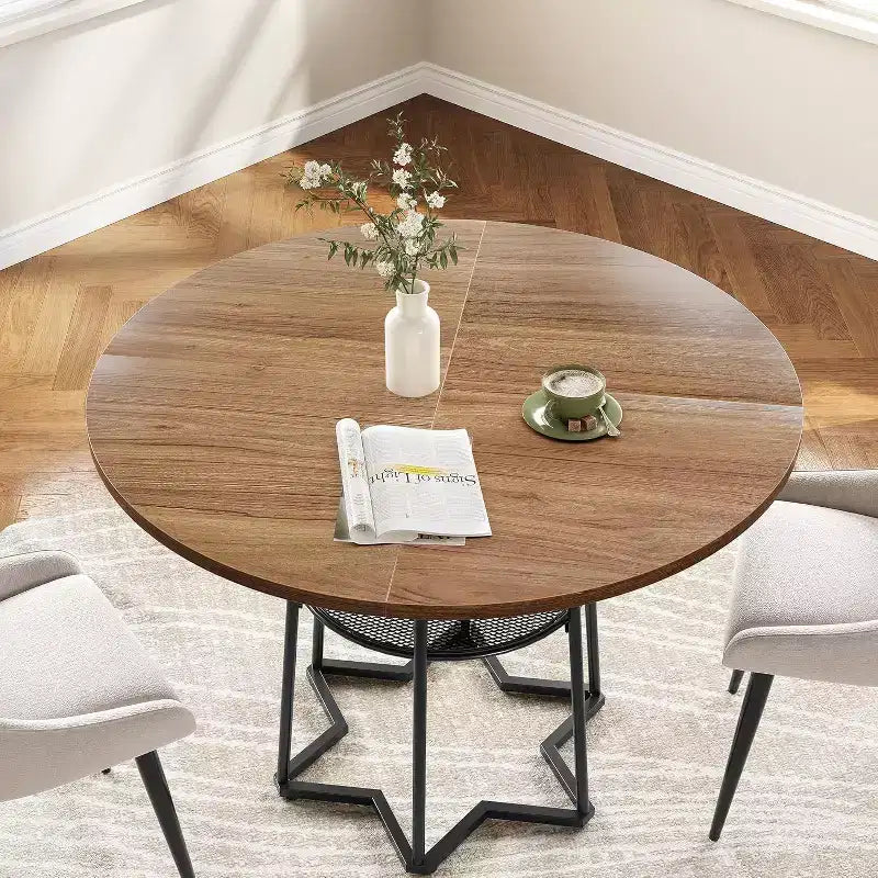 Table à manger ronde Acekool 38,6, piètement métallique hexagonal, filet de rangement dissimulé, 4 places, style moderne, assemblage facile,