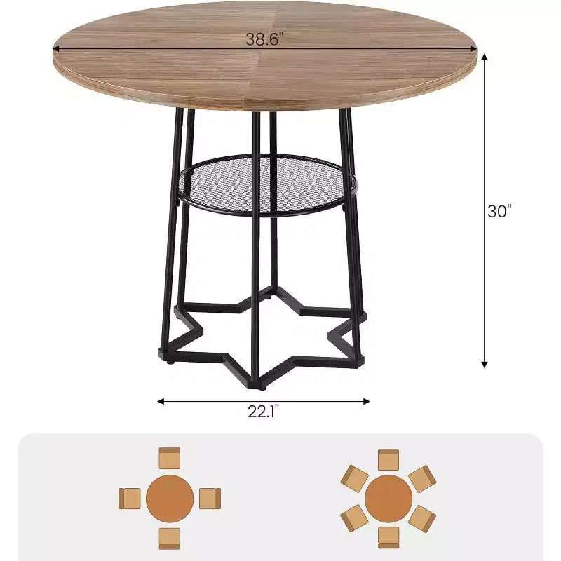 Table à manger ronde Acekool 38,6, piètement métallique hexagonal, filet de rangement dissimulé, 4 places, style moderne, assemblage facile,