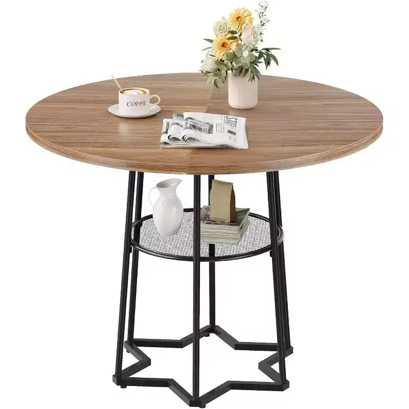 Table à manger ronde Acekool 38,6, piètement métallique hexagonal, filet de rangement dissimulé, 4 places, style moderne, assemblage facile,